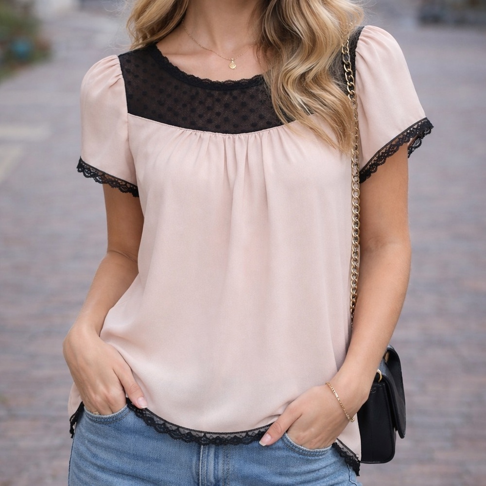Forever 21 Cream Lace Trim Blouse Size Medium NWOT Sheer Yoke Nude Top
